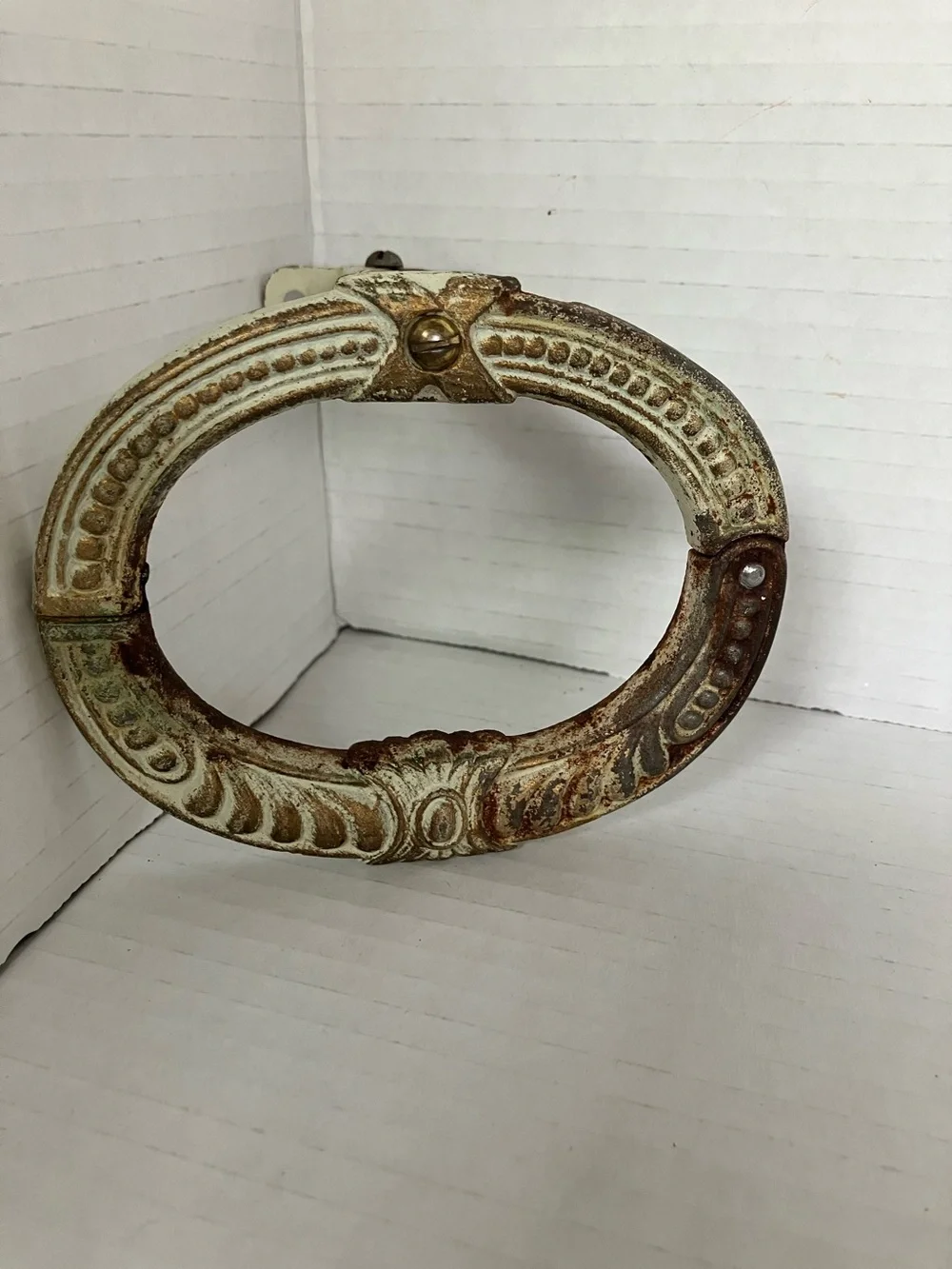 Antique Cream and Brown Oval Cast Iron Decorative Curtain Tiebacks Adjustable 5”